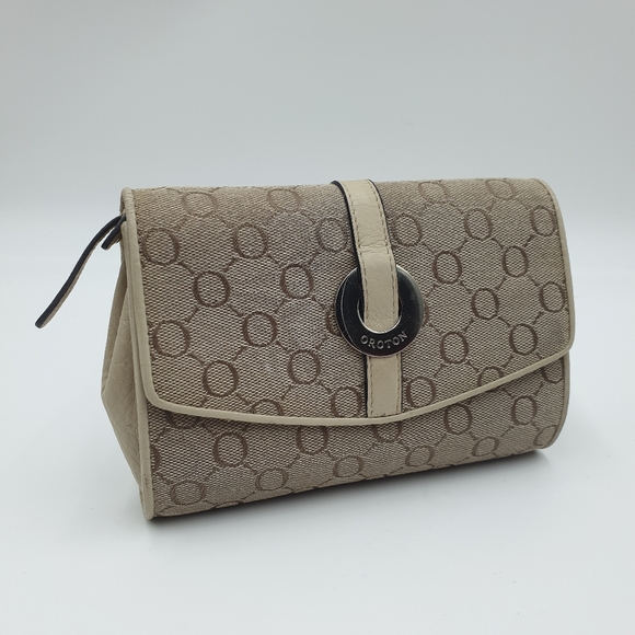 Oroton Cream/Beige Canvas Leather Cosmetic Bag Make Up Case - Picture 5 of 16